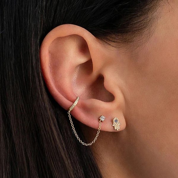 Earcuff Plata Felicia plateado -  Piercing Oreja Plata de Ley 925 chapado en oro 18k con circonitas blancas. Tamaño 18mm. Pendiente plata unitario- Regalo ideal mujer- Regalo día de la madre- modelo