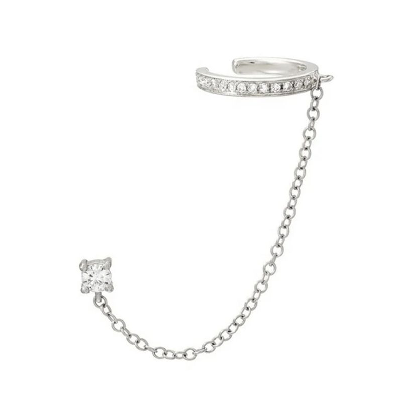 Earcuff Plata Felicia plateado -  Piercing Oreja Plata de Ley 925 chapado en oro 18k con circonitas blancas. Tamaño 18mm. Pendiente plata unitario- Regalo ideal mujer- Regalo día de la madre