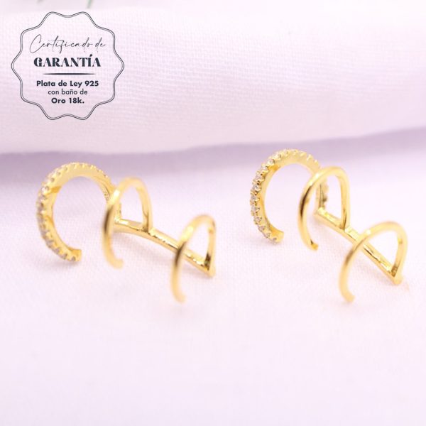 Earcuff Plata Venus oro -  Piercing Oreja Plata de Ley 925 chapado en oro 18k con circonitas blancas. Tamaño 18mm. Pendiente plata unitario- Regalo ideal mujer- Regalo día de la madre-certificado