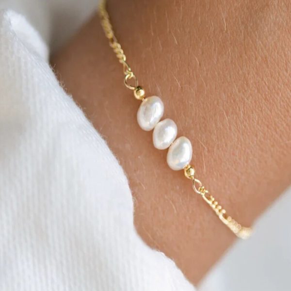 Pulsera mujer Tres perlas plata- Pulsera plata mujer de ley 925. Cadena eslabones doble- Regalo ideal mujer- Regalo día de la madre- modelo mano