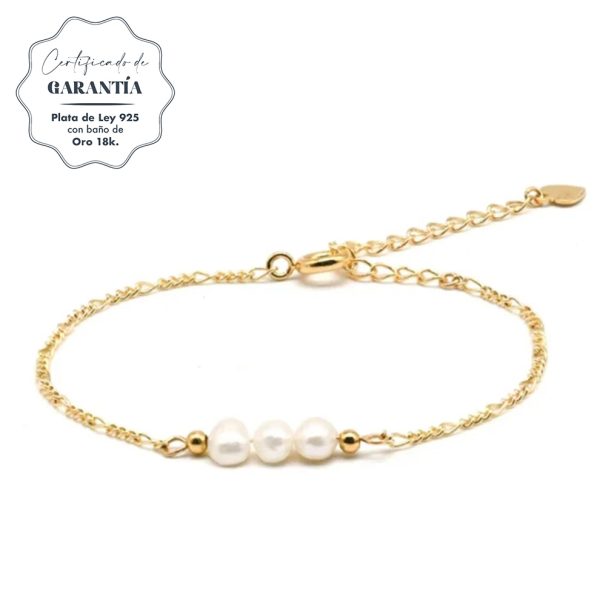Pulsera mujer Tres perlas plata- Pulsera plata mujer de ley 925. Cadena eslabones doble- Regalo ideal mujer- Regalo día de la madre- certificado